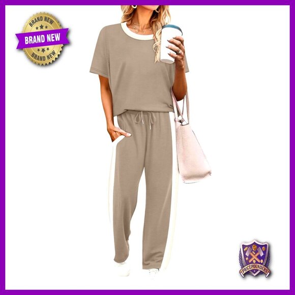 Other - 2 Piece Lounge Set Short Sleeve Top Wide Leg Pants with Pockets